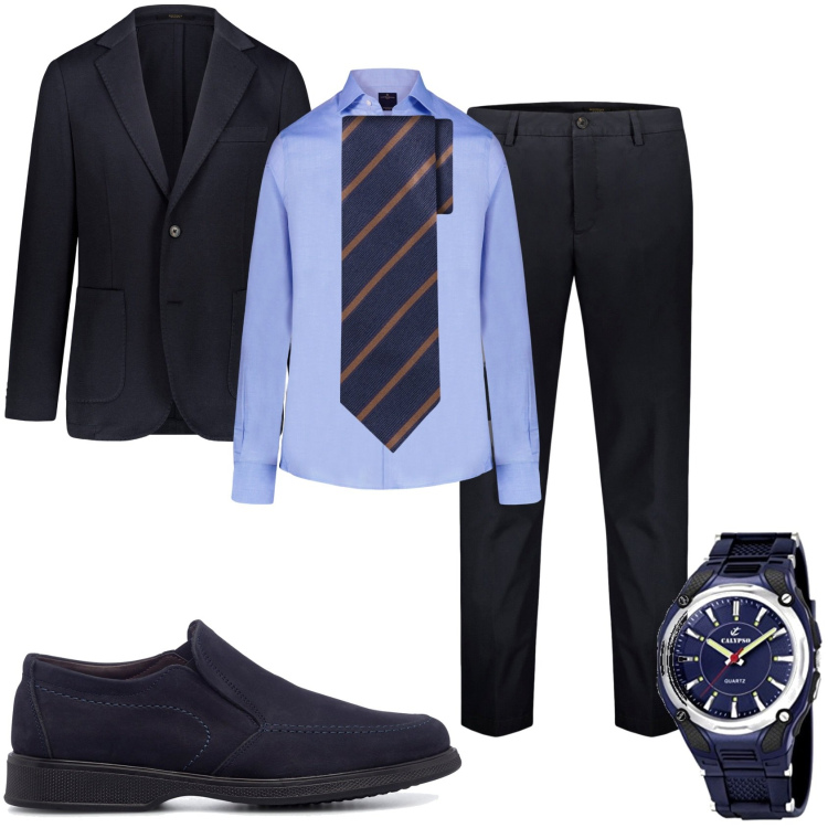 Outfit uomo - Cerimonia in blu. Stile Business/Elegante per Cerimonia. Abbinamento con scarpe stringate, camicie, giacche, pantaloni, orologi, cravatte.