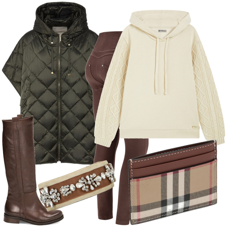 Outfit donna - Al lavoro. Stile Casual per Ufficio. Abbinamento con stivali, pantaloni skinny, felpe con cappuccio, cinture, portafogli, cappotti.