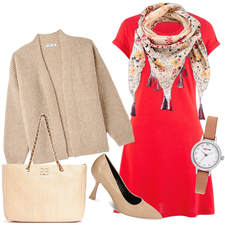 Outfit donna - Autunno a colori. Stile Casual chic per Tutti i giorni. Abbinamento con vestiti, foulard, cardigans, borse a spalla, décolleté, orologi.