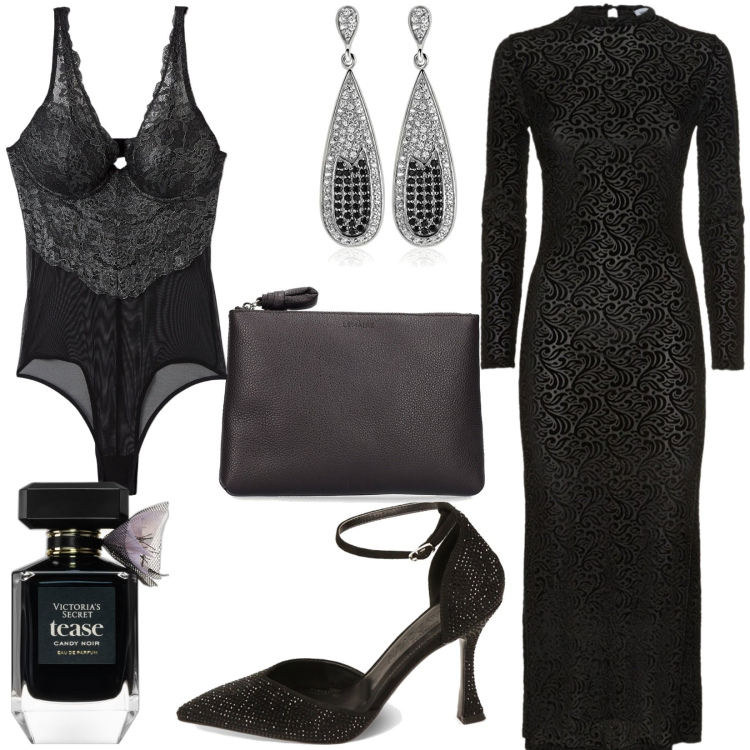 Outfit donna - Total look #1750089. Stile Glamour per Serata fuori. Abbinamento con profumi, body, décolleté, vestiti midi/longuette, orecchini, pochette.