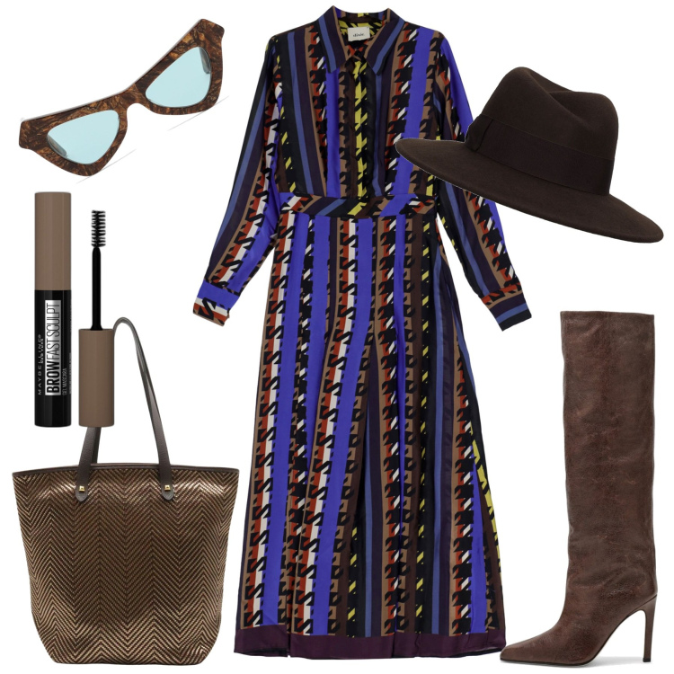 Outfit donna - L\'abito lungo. Stile Chic per Tutti i giorni. Abbinamento con borse a spalla, mascara, vestiti lunghi, cappelli, occhiali da sole, stivali.