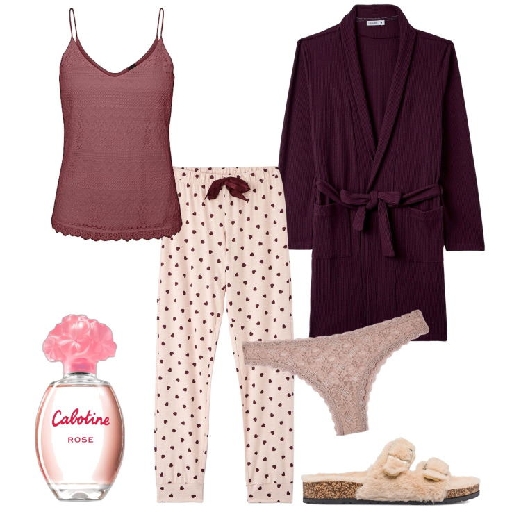 Outfit donna - Homewear. Stile Romantica per Tutti i giorni. Abbinamento con profumi, slip, vestaglie, pigiama, pantofole, vestaglie.