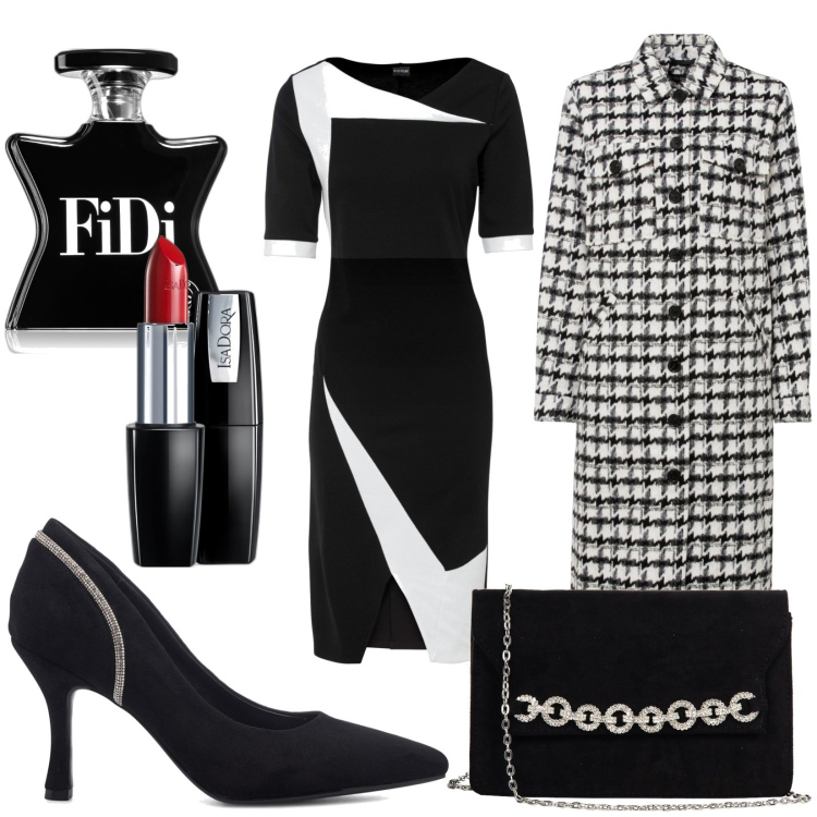 Outfit donna - In bianco e nero. Stile Chic per Ufficio. Abbinamento con vestiti a tubino, cappotti, rossetti, profumi, pochette, décolleté.