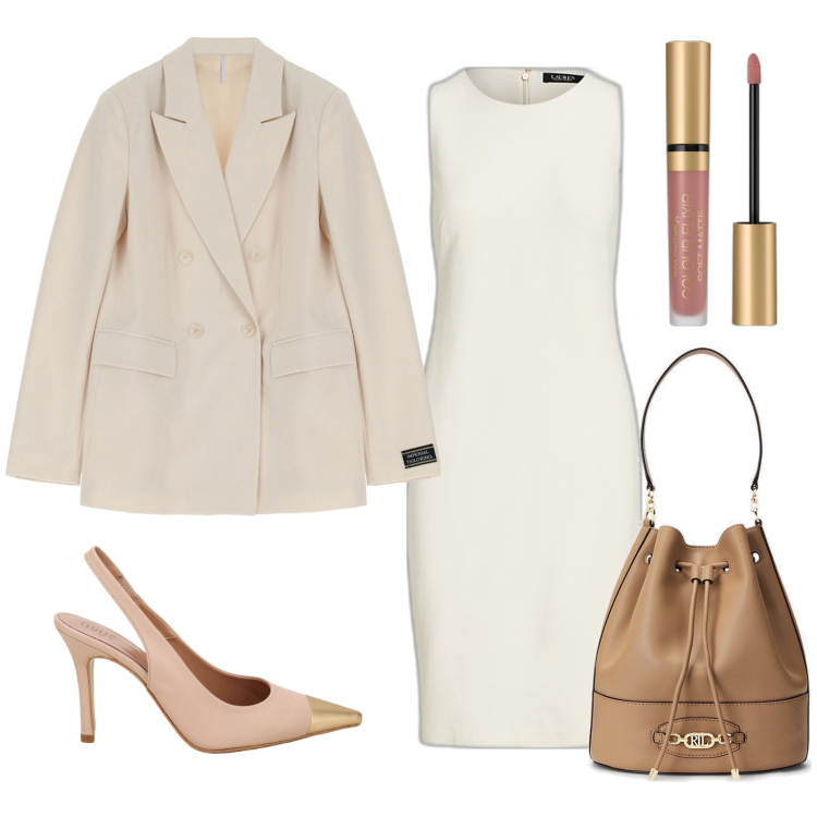 Outfit donna - Total look #1750126. Stile Chic per Cerimonia. Abbinamento con rossetti, cappotti, décolleté, vestiti a tubino, borse a secchiello.