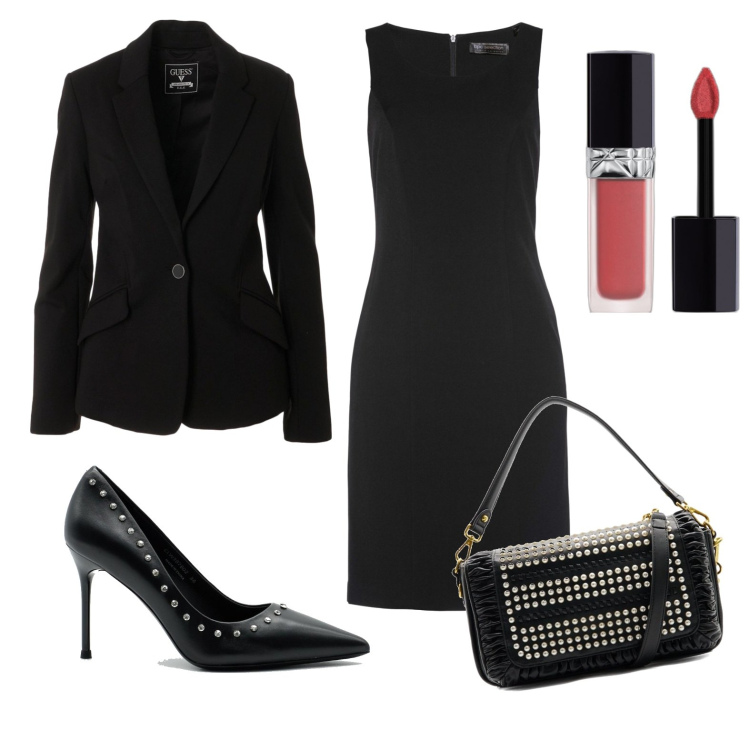 Outfit donna - Borchie chic. Stile Chic per Serata fuori. Abbinamento con vestiti a tubino, rossetti, borse a spalla, giacche, décolleté.