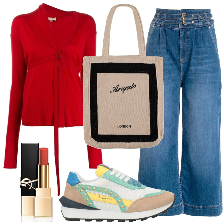 Outfit donna - Total look #1750146. Stile Basic per Tutti i giorni. Abbinamento con rossetti, sneakers alte, cardigans, jeans, shopping bag.