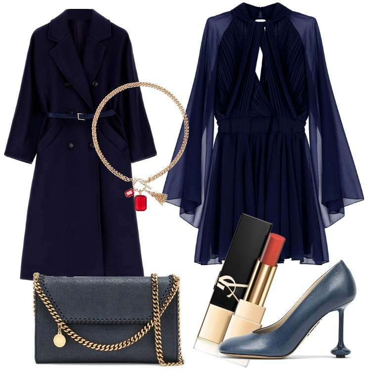 Outfit donna - Eclissi blu notte. Stile Chic per Serata fuori. Abbinamento con rossetti, cappotti, collane, vestiti corti, décolleté, borse a tracolla.