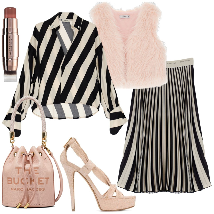 Outfit donna - Righe e rosa massima femminilità. Stile Trendy per Tutti i giorni. Abbinamento con sandali in pelle, blush, gilet, gonne longuette, camicie, borse a secchiello.