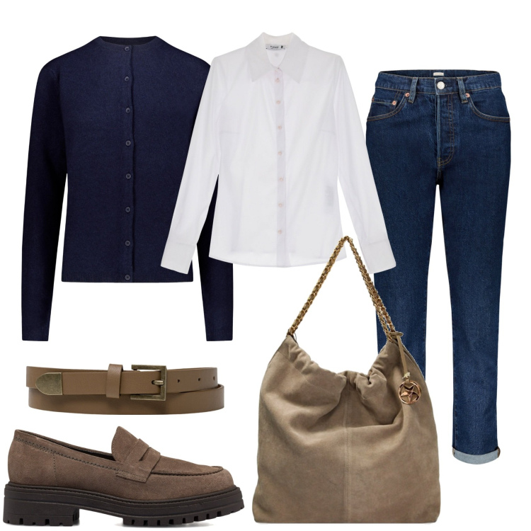 Outfit donna - In ufficio. Stile Casual chic per Ufficio. Abbinamento con camicie, borse a spalla, mocassini, cinture, cardigans, jeans.