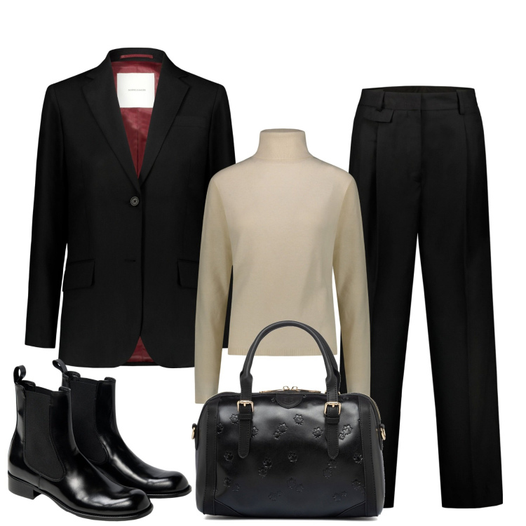 Outfit donna - Completo nero. Stile Mannish per Tutti i giorni. Abbinamento con borse a mano, pantaloni, pullovers, blazer, stivaletti chelsea.