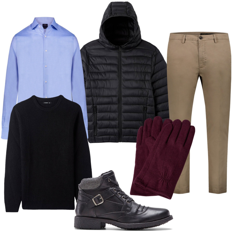 Outfit uomo - Giornata di lavoro in viaggio. Stile Trendy per Tutti i giorni. Abbinamento con stivali e stivaletti, cappotti, maglieria, camicie, pantaloni chino, guanti.