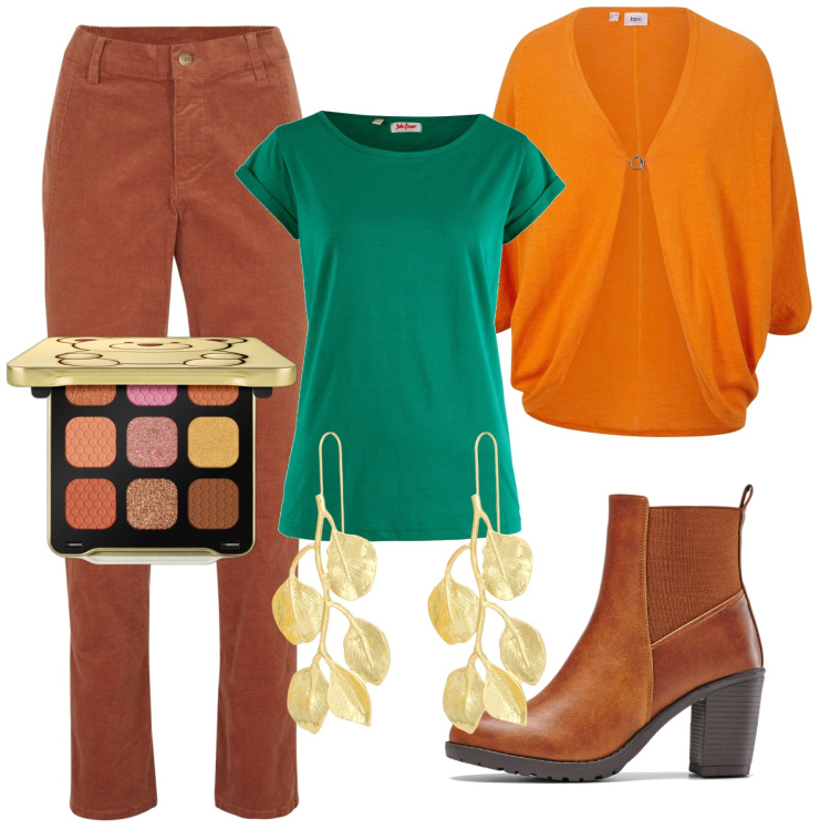 Outfit donna - Foglie autunnali. Stile Minimal per Tutti i giorni. Abbinamento con cardigans, stivaletti, pantaloni, maglieria, ombretti, orecchini.