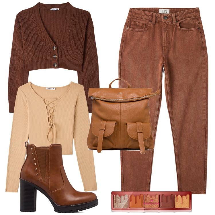 Outfit donna - Cioccolato. Stile Minimal per Tutti i giorni. Abbinamento con ombretti, jeans mom, cardigans, t-shirt, zaini, stivaletti.