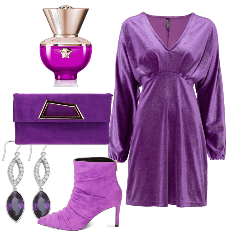 Outfit donna - Serata. Stile Glamour per Serata fuori. Abbinamento con vestiti, profumi, stivaletti, pochette, orecchini.