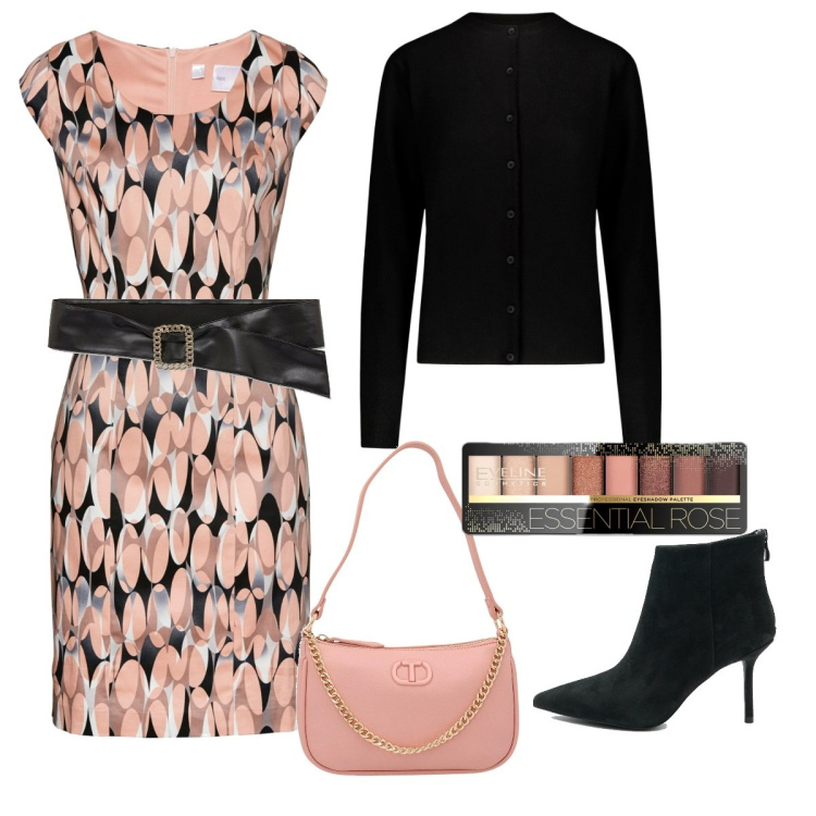 Outfit donna - Serata con amiche. Stile Chic per Serata fuori. Abbinamento con vestiti a tubino, ombretti, cinture, stivaletti, cardigans, borse a mano.