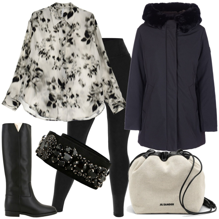 Outfit donna - Inverno. Stile Casual per Tutti i giorni. Abbinamento con piumini, camicie, pantaloni skinny, stivali, cinture, borse a secchiello.