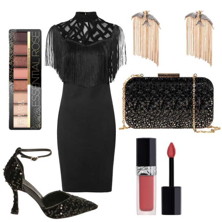 Outfit donna - Tubino nero con frange e pizzo. Stile Glamour per Serata fuori. Abbinamento con vestiti, ombretti, rossetti, clutch, décolleté, orecchini.