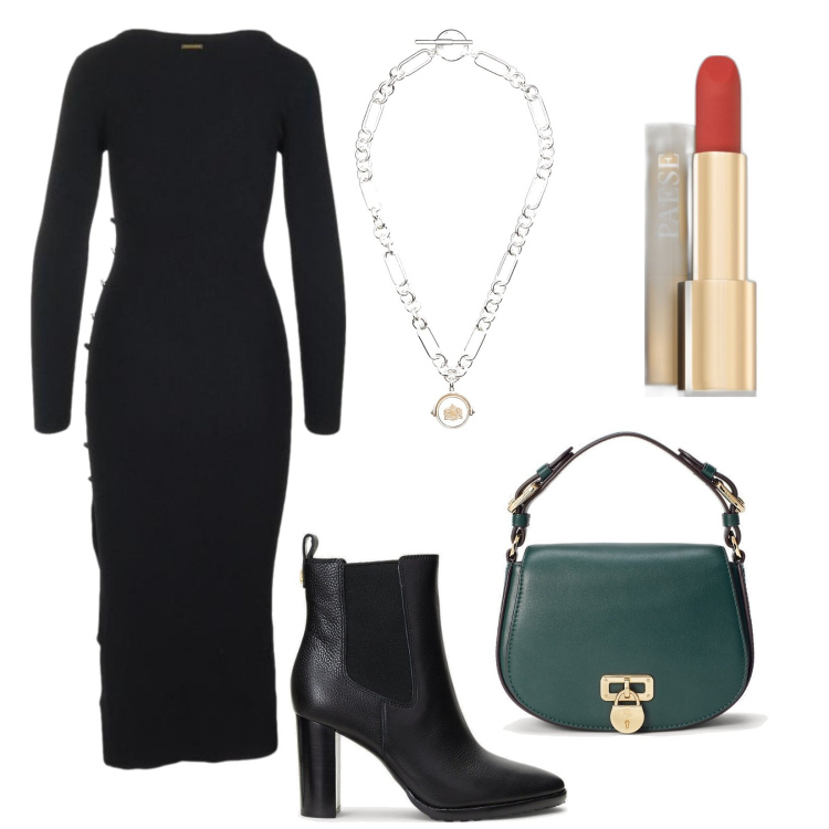 Outfit donna - Tubino che mi piace. Stile Trendy per Serata fuori. Abbinamento con rossetti, stivaletti chelsea, ciondoli, borse a tracolla, vestiti a tubino.