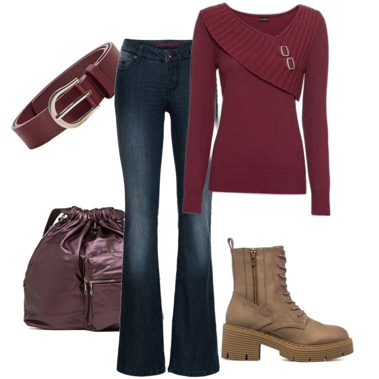 Outfit donna - Un cappuccino veloce al bar. Stile Casual per Tutti i giorni. Abbinamento con maglieria, jeans bootcut, cinture, anfibi, borse a spalla.