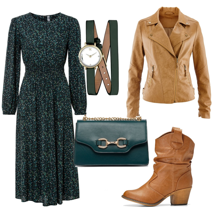 Outfit donna - Total look #1750425. Stile Boho per Tutti i giorni. Abbinamento con vestiti midi/longuette, stivaletti texani, blazer, borse a tracolla, orologi analogici.