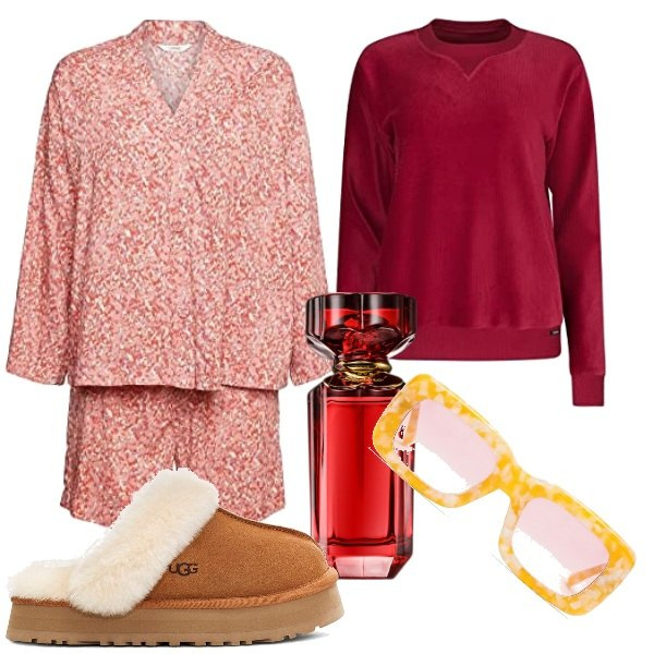 Outfit donna - Una dolce notte. Stile Basic per Tutti i giorni. Abbinamento con profumi, ciabatte, pigiama, pigiama, occhiali da sole.