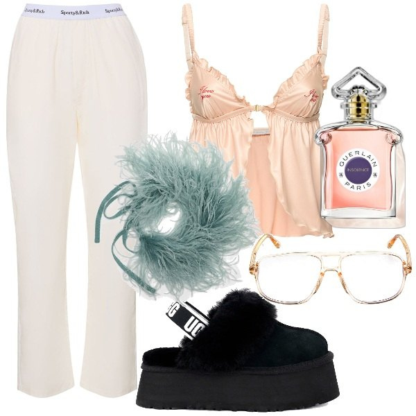 Outfit donna - La dolce notte. Stile Romantica per Tutti i giorni. Abbinamento con profumi, ciabatte, occhiali da sole, sottovesti, sciarpe, pigiama.