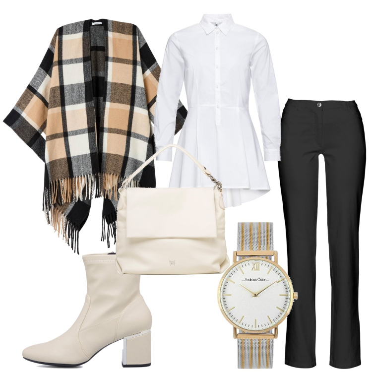 Outfit donna - Total look #1750490. Stile Casual chic per Tutti i giorni. Abbinamento con camicie, pantaloni, cappe, stivaletti, borse a spalla, orologi.