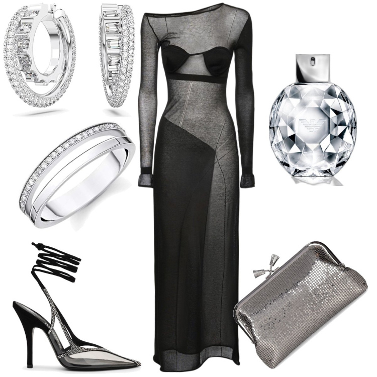 Outfit donna - Sexy night. Stile Sexy per Serata fuori. Abbinamento con profumi, pochette, orecchini, anelli, scarpe col tacco, vestiti.