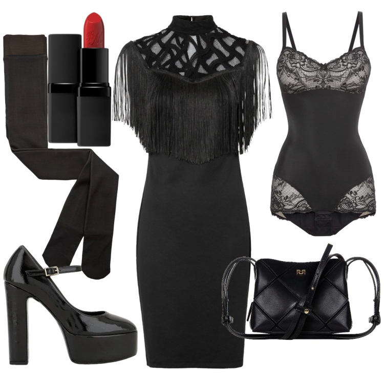 Outfit donna - Halloween: Mercoledì Adams. Stile Sexy per Serata fuori. Abbinamento con body, vestiti, rossetti, collant, borse a spalla, décolleté.