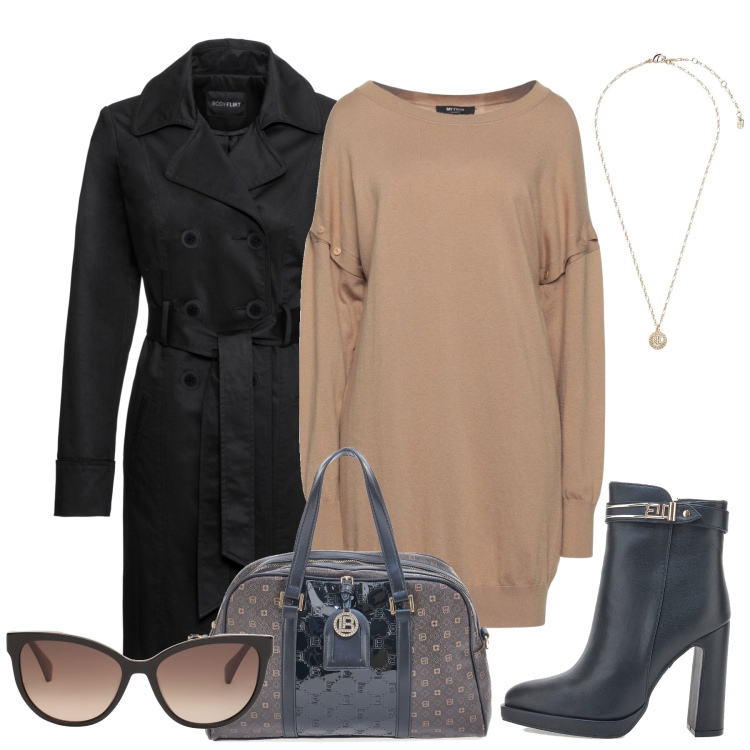 Outfit donna - Total look #1750517. Stile Casual chic per Tutti i giorni. Abbinamento con trench, vestiti corti, occhiali da sole, collane, stivaletti, borse a mano.