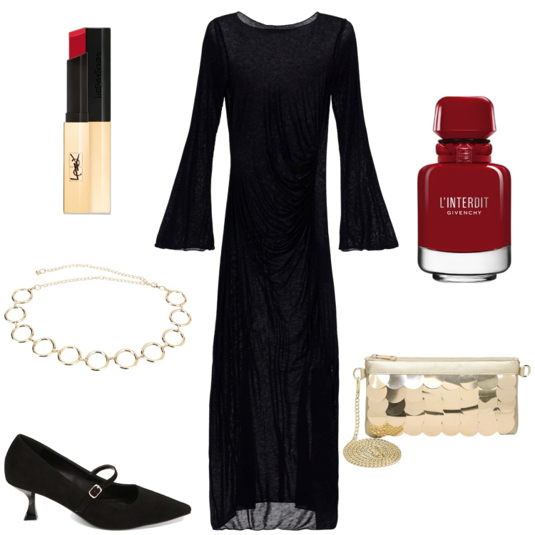 Outfit donna - Abito da sera elegante. Stile Chic per Serata fuori. Abbinamento con profumi, rossetti, pochette, décolleté, vestiti lunghi, cinture.
