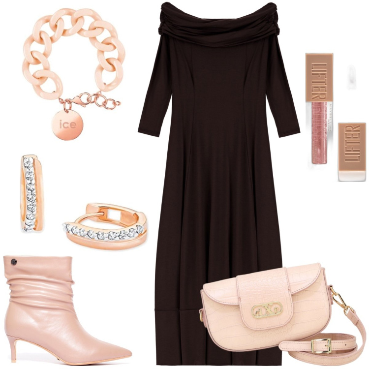 Outfit donna - L’abito color castagna. Stile Casual chic per Tutti i giorni. Abbinamento con gloss, vestiti lunghi, pochette, stivaletti, braccialetti, orecchini.