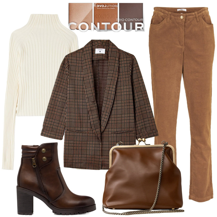 Outfit donna - Classico autunnale. Stile Vintage retrò per Tutti i giorni. Abbinamento con pantaloni, terre, cappotti, maglieria, stivaletti, clutch.