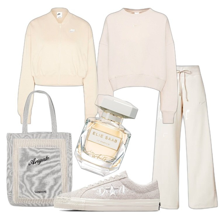 Outfit donna - Morbidezza crema e vaniglia. Stile Minimal per Tutti i giorni. Abbinamento con profumi, pantaloni, felpe, felpe, sneakers, shopping bag.