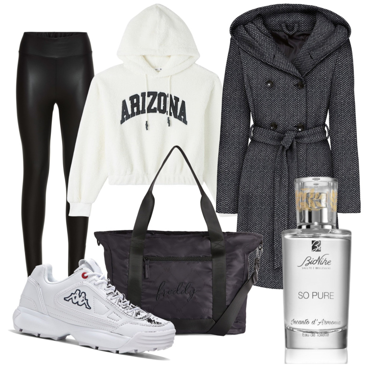 Outfit donna - Pronta per il viaggio. Stile Urban per Tutti i giorni. Abbinamento con treggings, cappotti, sneakers, profumi, felpe con cappuccio, borse tote.