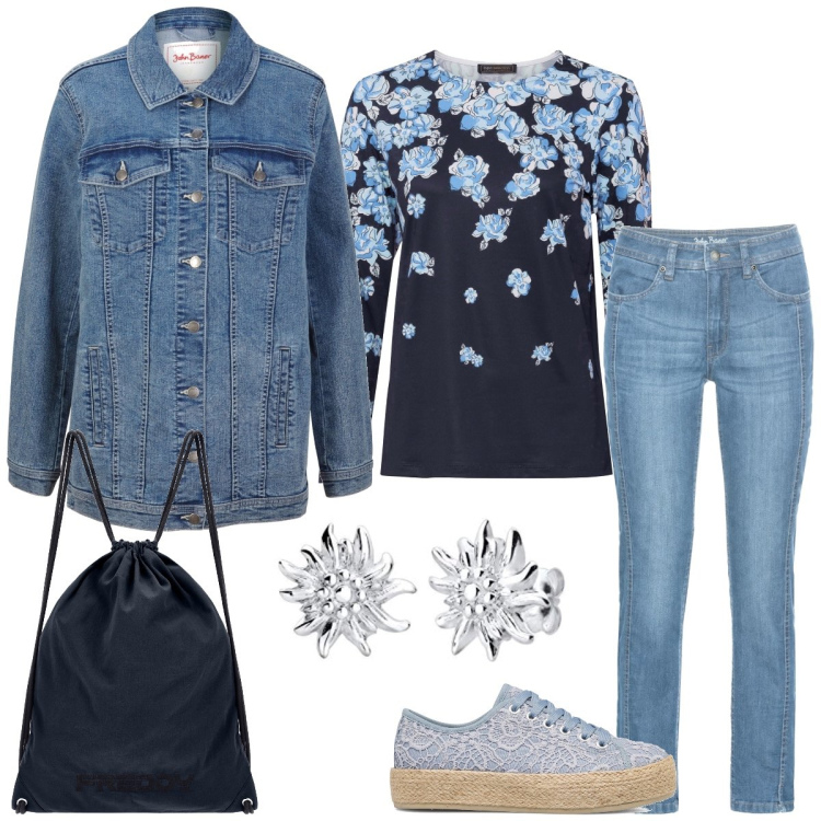 Outfit donna - Università. Stile Casual per Scuola/Università. Abbinamento con blazer, maglieria, jeans, zaini, sneakers alte, orecchini.
