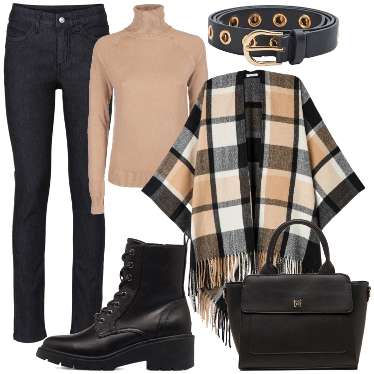 Outfit donna - Ottobre. Stile Etnico per Tutti i giorni. Abbinamento con jeans skinny, cappe, cinture, maglieria, borse a mano, anfibi.