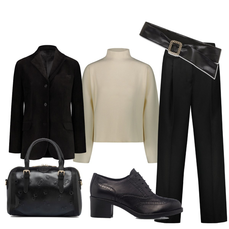 Outfit donna - Tailleur maschile per là direttrice. Stile Mannish per Scuola/Università. Abbinamento con scarpe stringate, borse a mano, cinture, pantaloni, maglieria, blazer.