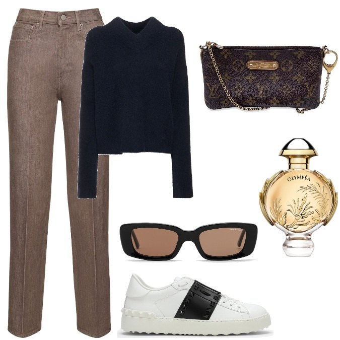 Outfit donna - Total look #1750571. Stile Trendy per Tutti i giorni. Abbinamento con borse a mano, profumi, pantaloni, maglieria, sneakers, occhiali da sole.