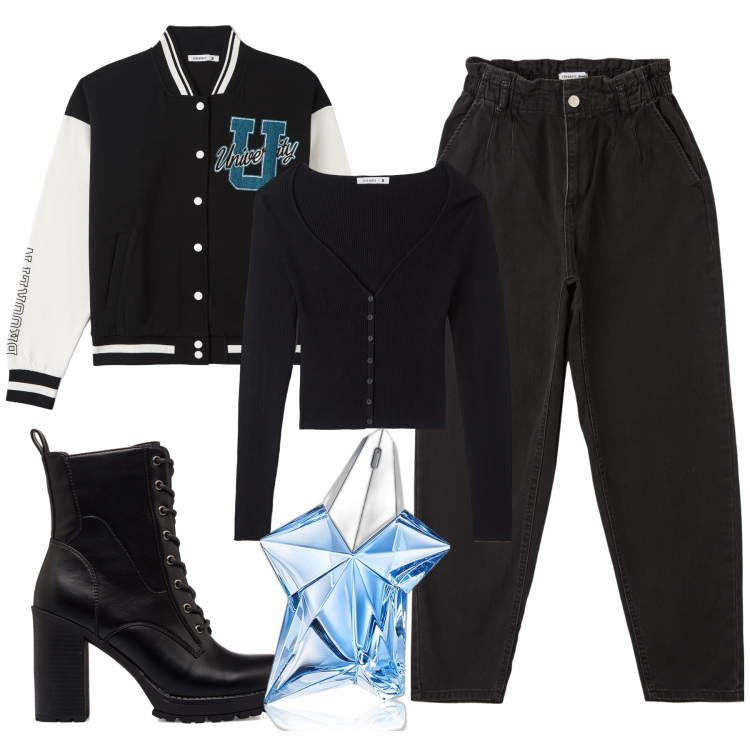 Outfit donna - Stella. Stile Glamour per Tutti i giorni. Abbinamento con profumi, bomber, cardigans, jeans, anfibi.