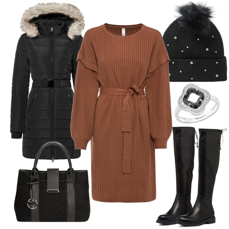 Outfit donna - Brillante. Stile Casual per Tutti i giorni. Abbinamento con giacche, vestiti, berretti, borse a mano, stivali, anelli.