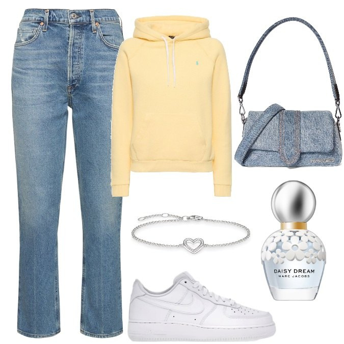 Outfit donna - Total look #1750582. Stile Trendy per Tutti i giorni. Abbinamento con sneakers, profumi, braccialetti, jeans, borse a spalla, felpe con cappuccio.
