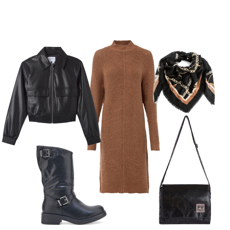 Outfit donna - Total look #1750583. per Tutti i giorni. Abbinamento con vestiti asimmetrici, foulard, borse a tracolla, stivaletti, bomber.