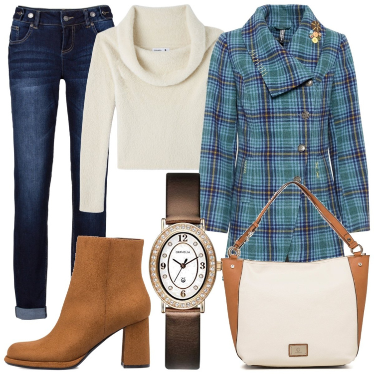Outfit donna - Il cappotto azzurro. Stile Casual per Tutti i giorni. Abbinamento con jeans boyfriend, cappotti, maglieria, borse a spalla, stivaletti, orologi analogici.