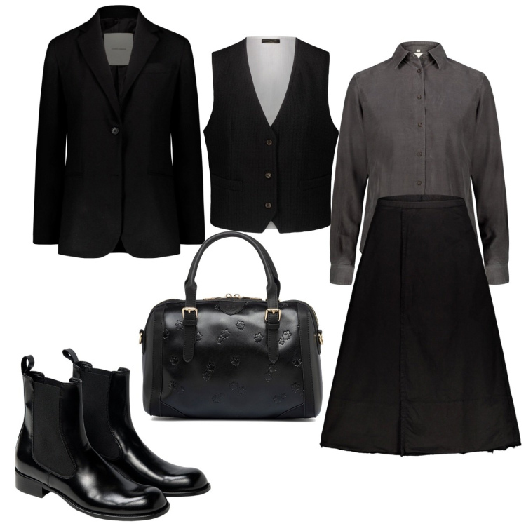 Outfit donna - Tocco mannish. Stile Mannish per Tutti i giorni. Abbinamento con borse a mano, gonne lunghe, gilet, blazer, camicie, stivaletti chelsea.