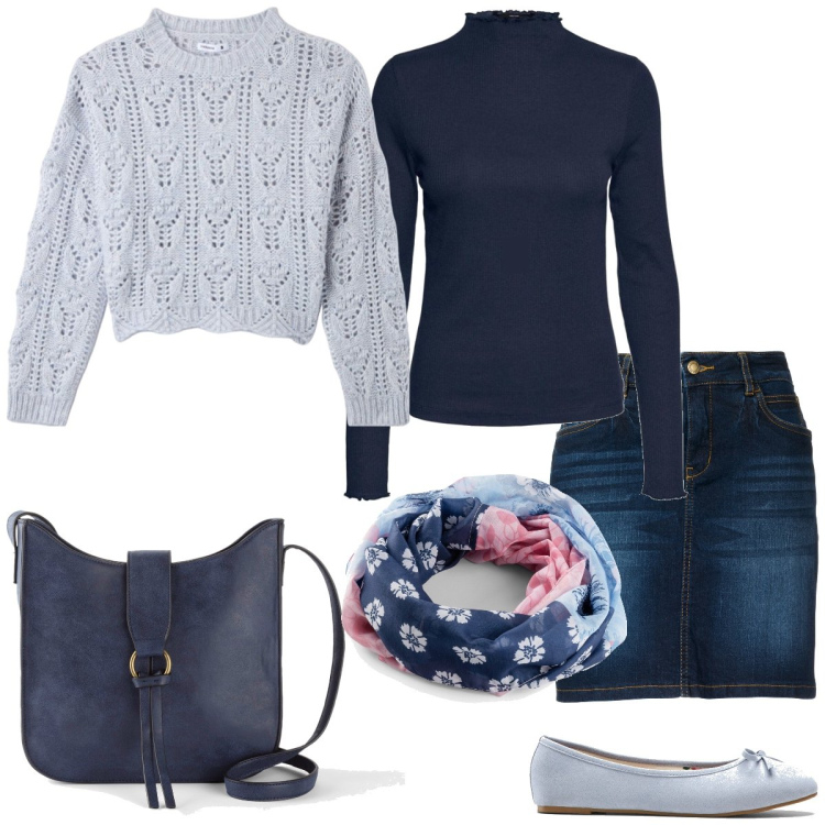 Outfit donna - Università. Stile Casual chic per Scuola/Università. Abbinamento con gonne, borse a tracolla, ballerine, foulard, maglieria, top.