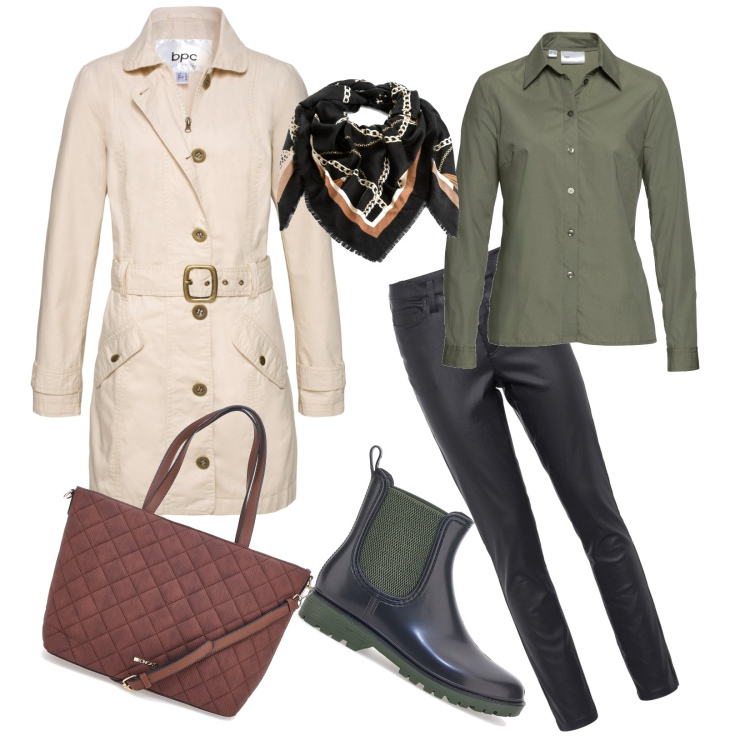 Outfit donna - Chelsea bicolore. Stile Casual chic per Tutti i giorni. Abbinamento con trench, foulard, camicie, pantaloni skinny, borse a spalla, stivaletti chelsea.