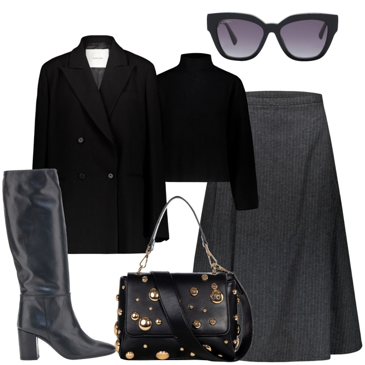 Outfit donna - Stivale e maxigonna. Stile Trendy per Ufficio. Abbinamento con occhiali da sole, borse a spalla, maglieria, gonne lunghe, stivali, blazer.