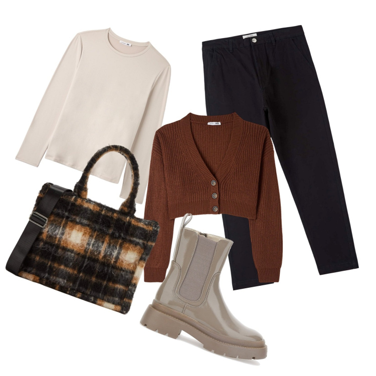 Outfit donna - Gli stivaletti di vernice. Stile Casual per Tutti i giorni. Abbinamento con cardigans, pantaloni chino, shopping bag, t-shirt, anfibi.