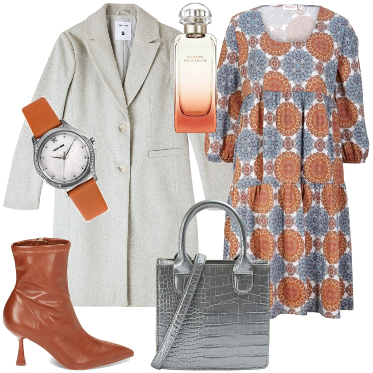 Outfit donna - Un invito. Stile Casual per Serata fuori. Abbinamento con vestiti, profumi, cappotti, shopping bag, stivaletti, orologi.